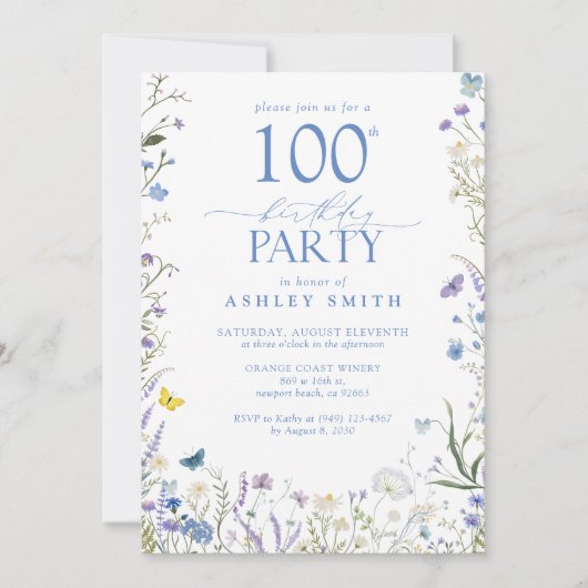 エレガントBlue Wildflower 100th誕生日パーティー 招待状 (正面)