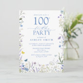 エレガントBlue Wildflower 100th誕生日パーティー 招待状 (スタンド正面)