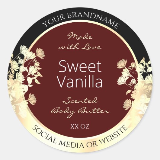 エレガントBurgundy製品ラベルフローラ金ゴールドフレーム ラウンドシール (正面)