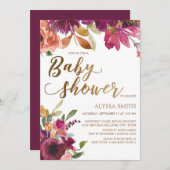 エレガントBurgundy金ゴールドフローラスクリプト赤ちゃんシャワー 招待状 (正面/裏面)