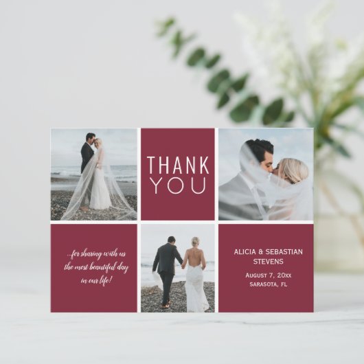 エレガントburgundy 3写真コラージュ結婚ユー感謝していズ サンキューカード (スタンド正面)