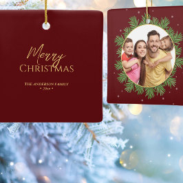 エレガントBurgundy Red Christmas Botanical写真 セラミックオーナメント