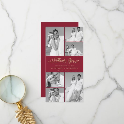 エレガントBurgundy Scallop Band 6 Photo Chic 結婚's サンキューカード (正面/裏面インサイチュ)