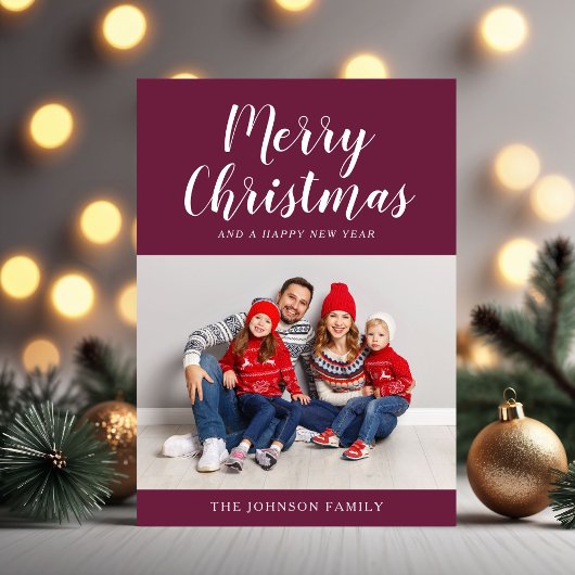 エレガントBurgundy Scriptフォトクリスマス シーズンカード
