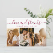 エレガントBurgundy Script 3フォトコラージュ結婚ズ サンキューカード (スタンド正面)