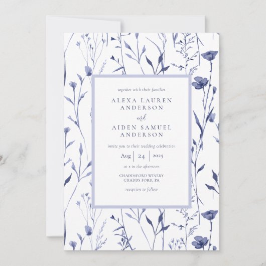エレガントChinaware Blue Waterカラーフローラ結婚ズ 招待状 (正面)