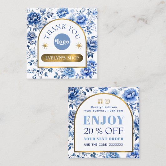エレガントchinoiserie青い花の割引カード スクエア名刺 (正面/裏面)