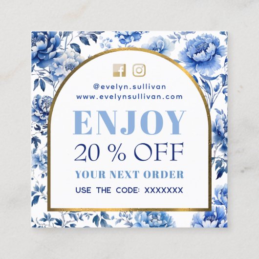 エレガントchinoiserie青い花の割引カード スクエア名刺 (裏面)