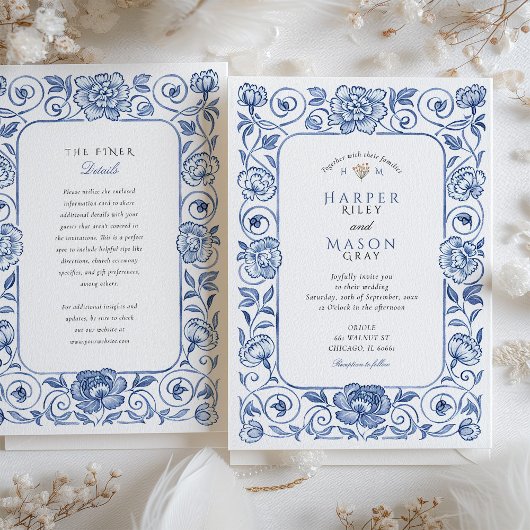 エレガントChinoiserie BlueとWhiteフローラ結婚 招待状