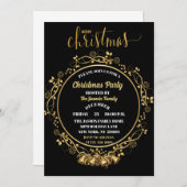 エレガントCHRISTMASパーティーブラックベルと金ゴールドベル 招待状 (正面/裏面)