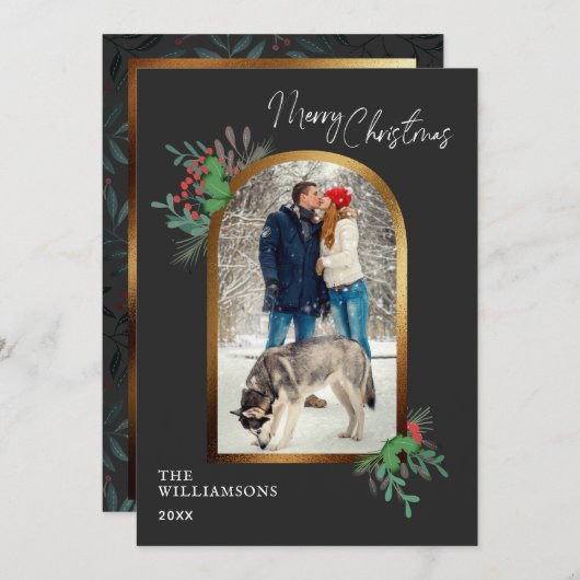 エレガントChristmas 1フォトアーチ植物学 シーズンカード (正面/裏面)