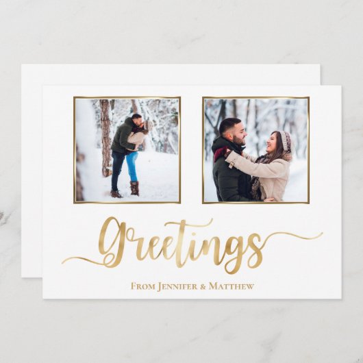 エレガントChristmas Greetingsホワイト金ゴールド写真 シーズンカード (正面/裏面)
