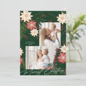 エレガントChristmas Poinsettiaグリーンフォト シーズンカード (スタンド正面)