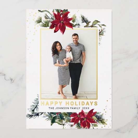 エレガントChristmas Poinsettia写真金ゴールド 箔シーズンカード (正面)
