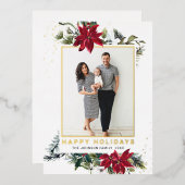 エレガントChristmas Poinsettia写真金ゴールド 箔シーズンカード (正面/裏面)