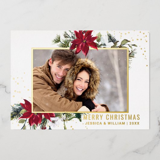 エレガントChristmas Poinsettia写真金ゴールド 箔シーズンカード (正面)
