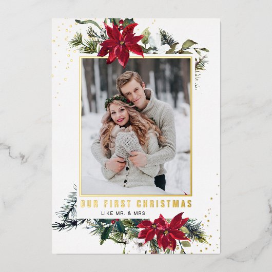 エレガントChristmas Poinsettia写真金ゴールド 箔シーズンカード (正面)