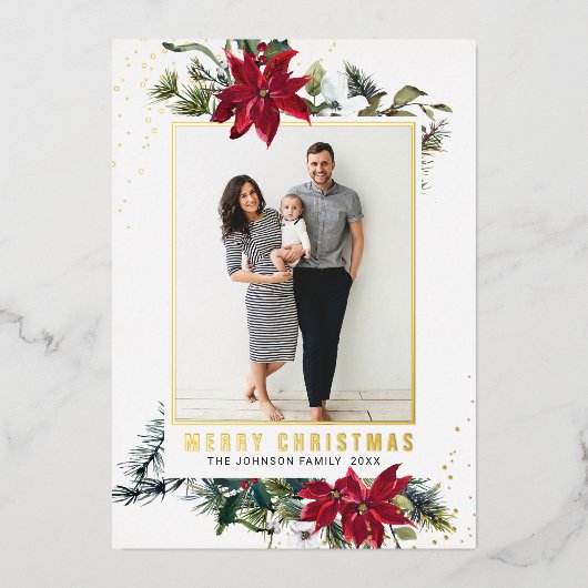 エレガントChristmas Poinsettia写真金ゴールド 箔シーズンカード (正面)