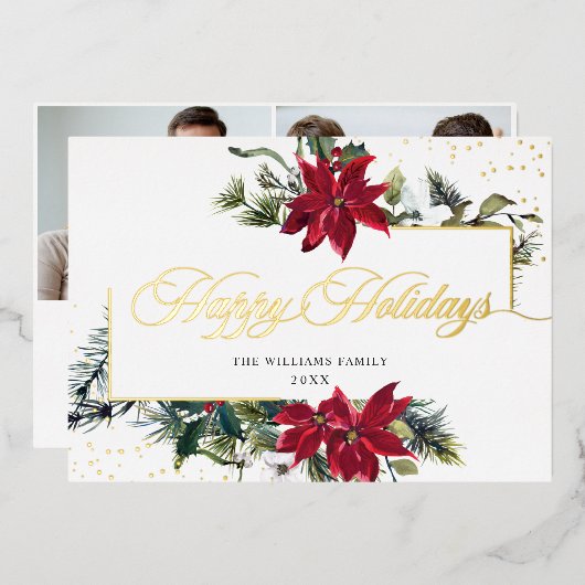 エレガントChristmas Poinsettia 2写真金ゴールド 箔シーズンカード (正面/裏面)