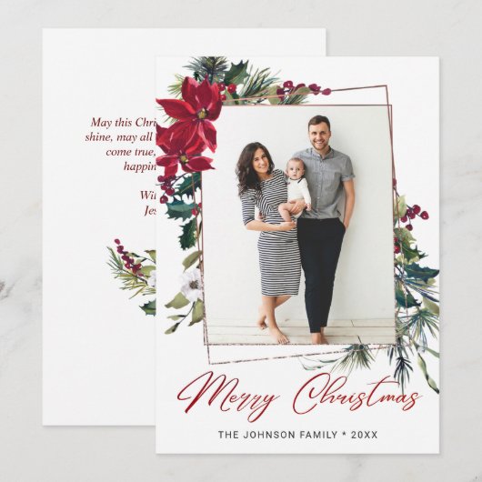 エレガントChristmas Poinsettia Photo Greeting シーズンカード (正面/裏面)