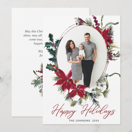 エレガントChristmas Poinsettia Photo Greeting シーズンカード (正面/裏面)
