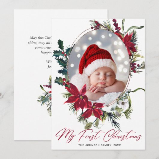 エレガントChristmas Poinsettia Photo Greeting シーズンカード (正面/裏面)