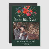 エレガントChristmas Poinsettia Photo Save the Date マグネット招待状 (正面/裏面)