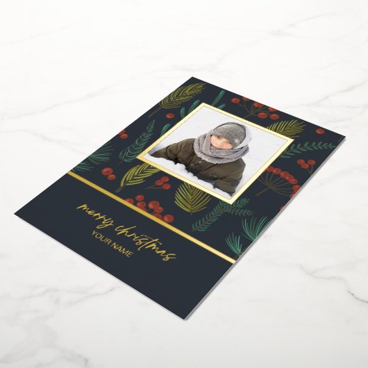 エレガントChristmas Winter Botanical Greeneryの写真 箔シーズンカード (回転した状態)