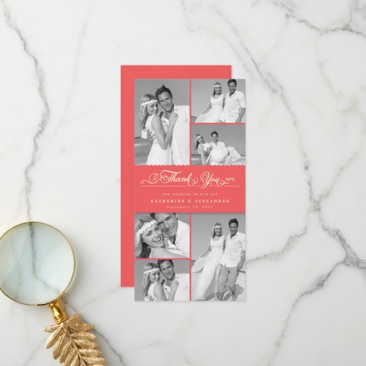 エレガントCoral Red Scalloped Band 6 結婚 Photo's サンキューカード (正面/裏面インサイチュ)