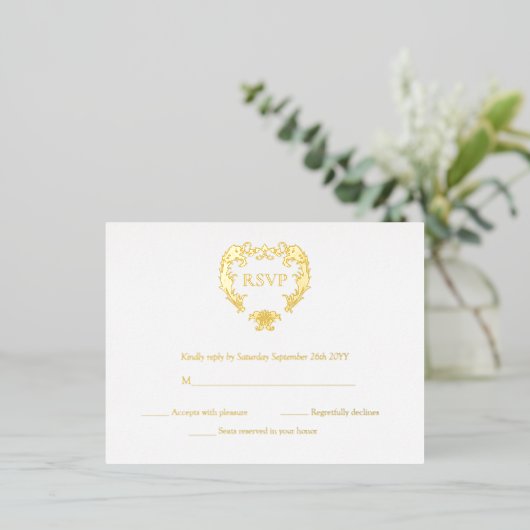 エレガントCrest Monogramの結婚金ゴールドRSVPカード 箔招待状ポストカード (立ち正面)