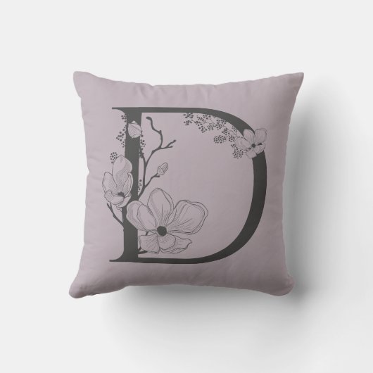 エレガントDボホフローラモノグラムイニシャル薄紫グレー クッション (裏面)