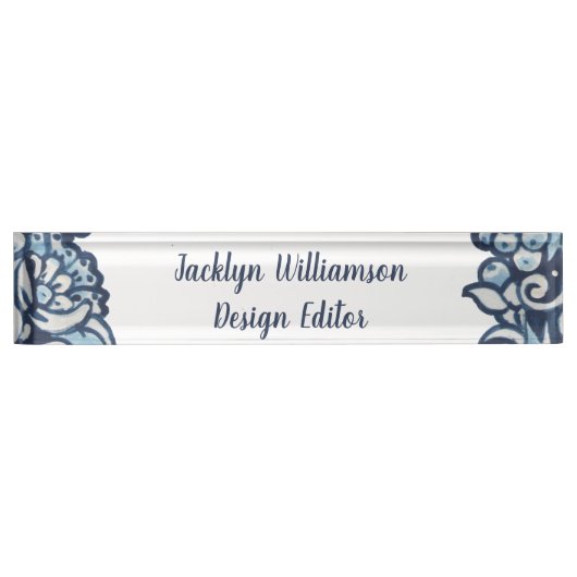 エレガントDelft Blue Whiteフローラパーソナライズされた デスクネームプレート (正面)