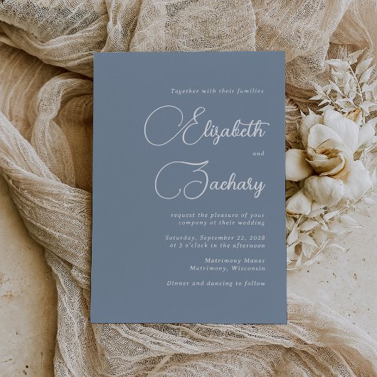 エレガントDusty Blueのスクリプ結婚ト 招待状