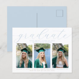 エレガントDusty Blueミニマル卒業式3写真 インビテーションポストカード