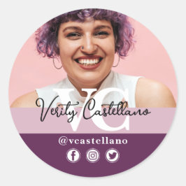 エレガントDusty Mauveスクリプト名とフォトカスタムー ラウンドシール