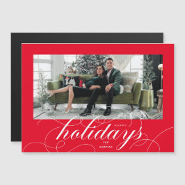 エレガントFlriish Script Red Holiday Photo Card マグネット招待状