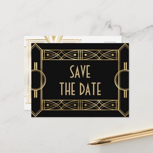 エレガントGatsbyのアールデコSave the Dates 案内ポストカード (正面/裏面インサイチュ)