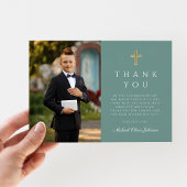 エレガントGreen Cross Boy First Communion写真 サンキューカード