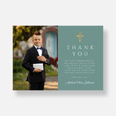 エレガントGreen Cross Boy First Communion写真 サンキューカード