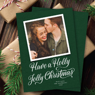 エレガントGreen Holly Christmasすてき Script Photo シーズンカード