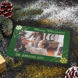 エレガントGreen Poinsettia Christmas Photo 箔シーズンカード
