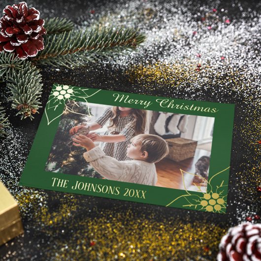 エレガントGreen Poinsettia Christmas Photo 箔シーズンカード