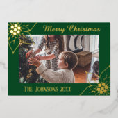 エレガントGreen Poinsettia Christmas Photo 箔シーズンカード (正面)