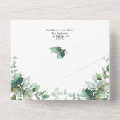 エレガントGreenery Emerald金ゴールドの結婚詳細RSVP オールインワン招待状 (裏面)