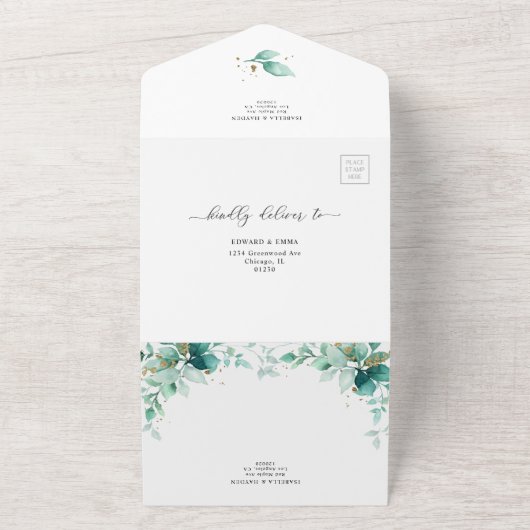 エレガントGreenery Mint金ゴールドの結婚詳細RSVP オールインワン招待状 (外側)