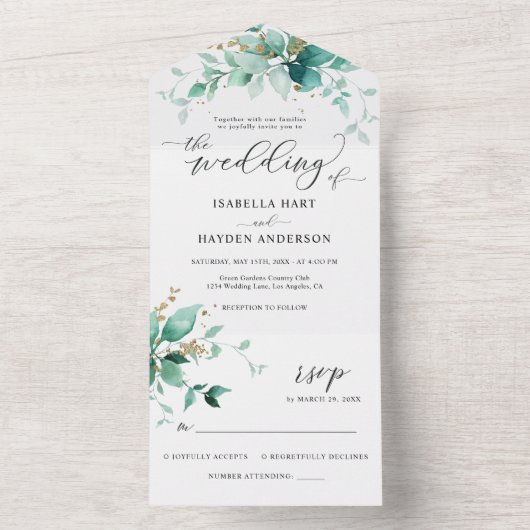 エレガントGreenery Mint金ゴールドの結婚詳細RSVP オールインワン招待状 (内側)