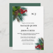 エレガントGreenery Monogramのクリスマス結婚の 招待状 (正面/裏面)