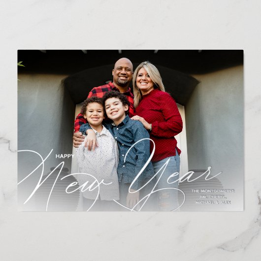 エレガントHappy New Year Script Silver 箔シーズンカード (正面)