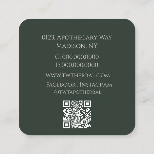 エレガントHerbalフローラのライフラインアートダークグリーン スクエア名刺 (裏面)
