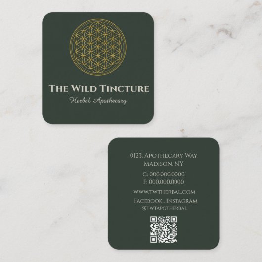 エレガントHerbalフローラのライフラインアートダークグリーン スクエア名刺 (正面/裏面)